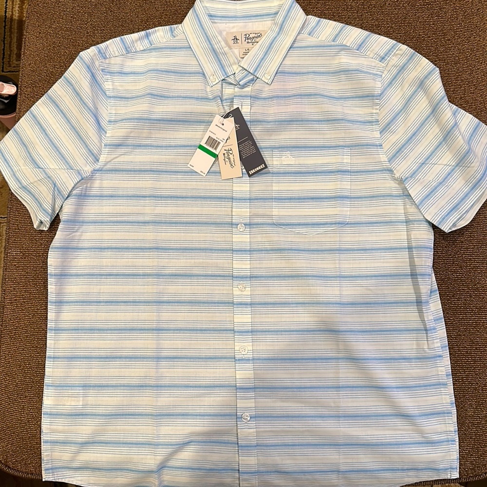 Original Penguin Men’s L Short Sleeve Casual Dress Shirt Light Blue NWT